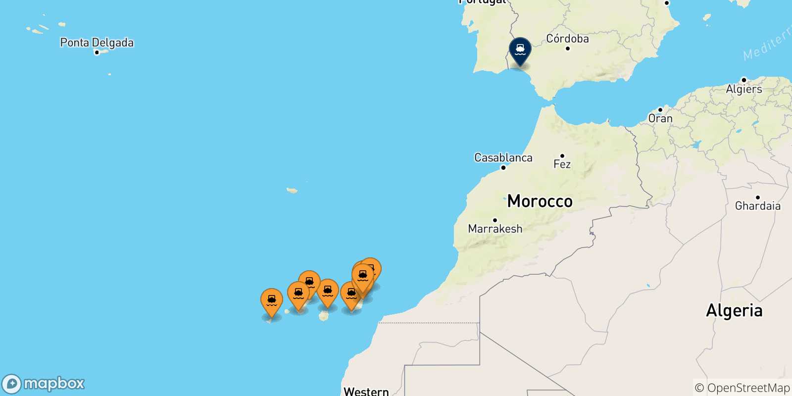 Carte des traversées possibles entre les Îles Canaries et l'Espagne