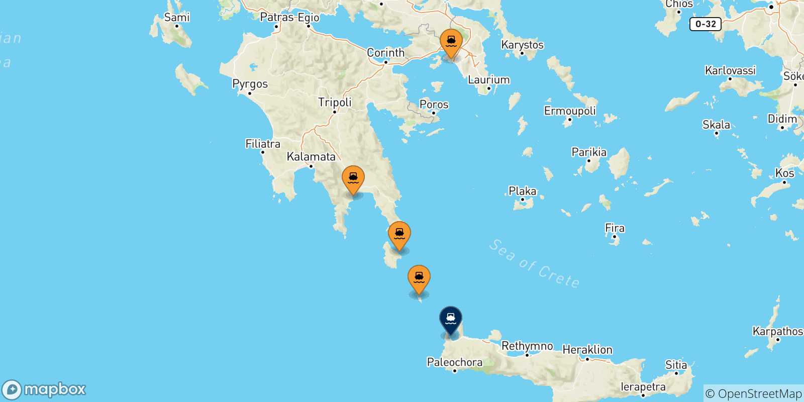 Carte des traversées possibles entre la Grèce et Kissamos