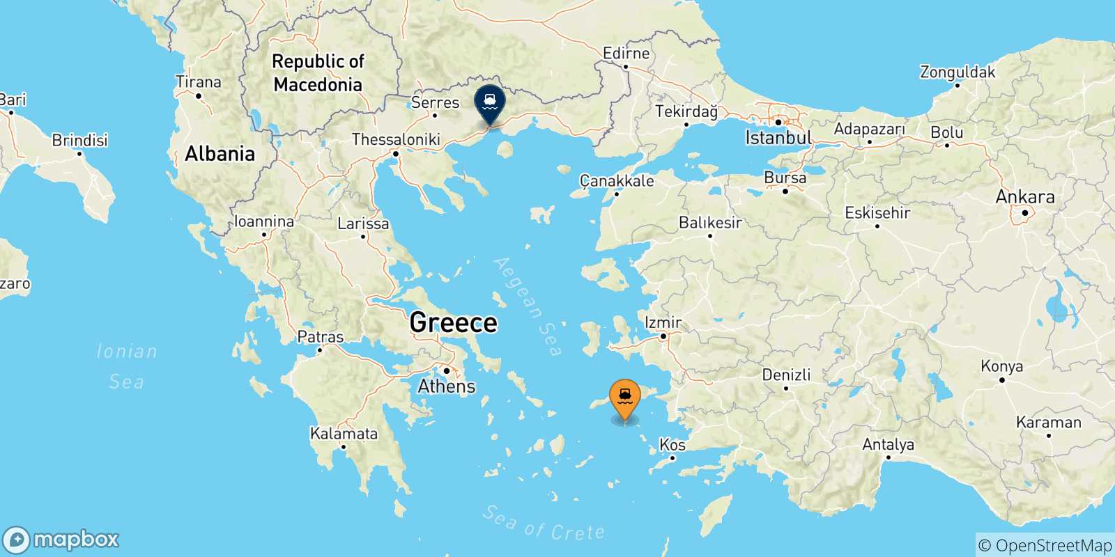Carte des traversées possibles entre Îles Du Dodécanèse et Kavala