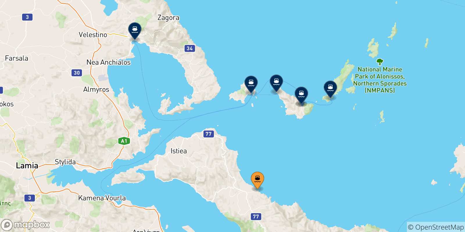 Carte des traversées possibles entre Mantoudi (Evia) et la Grèce