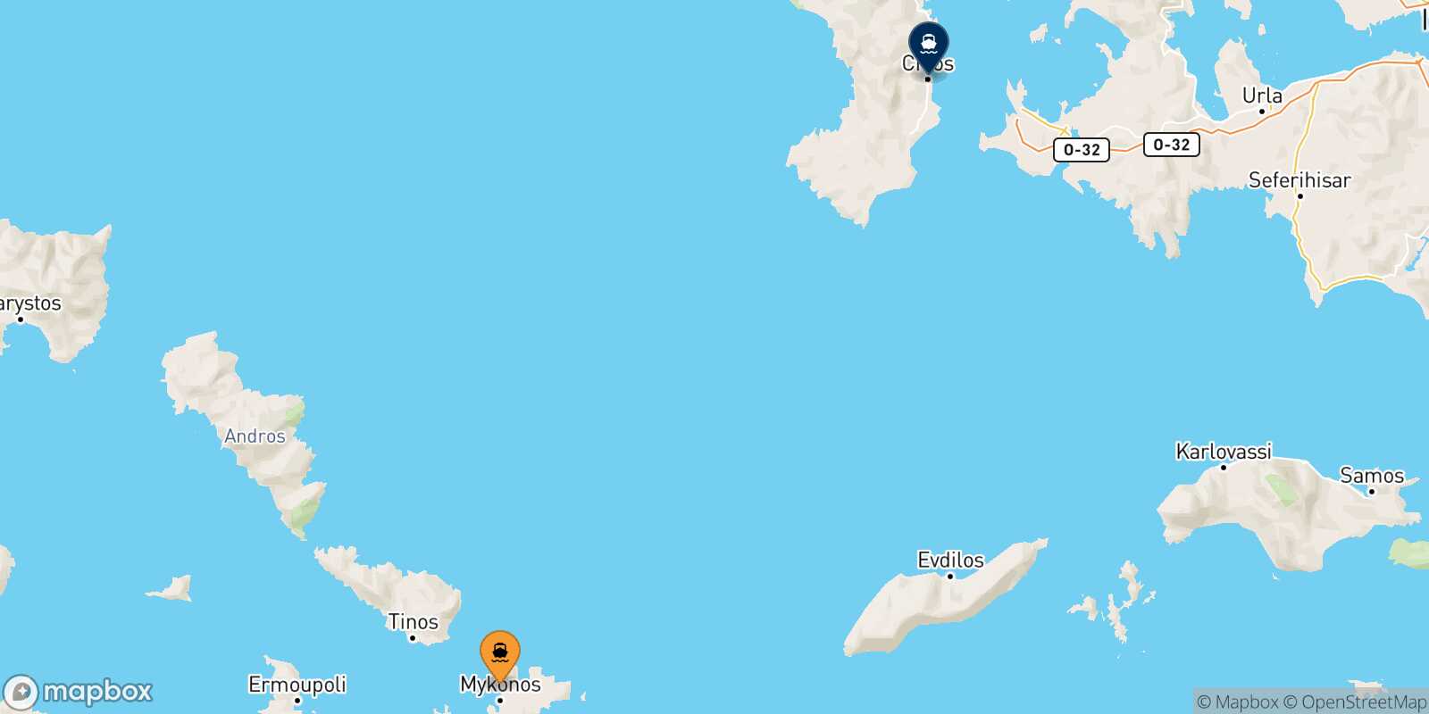 Carte des traverséesMykonos Chios