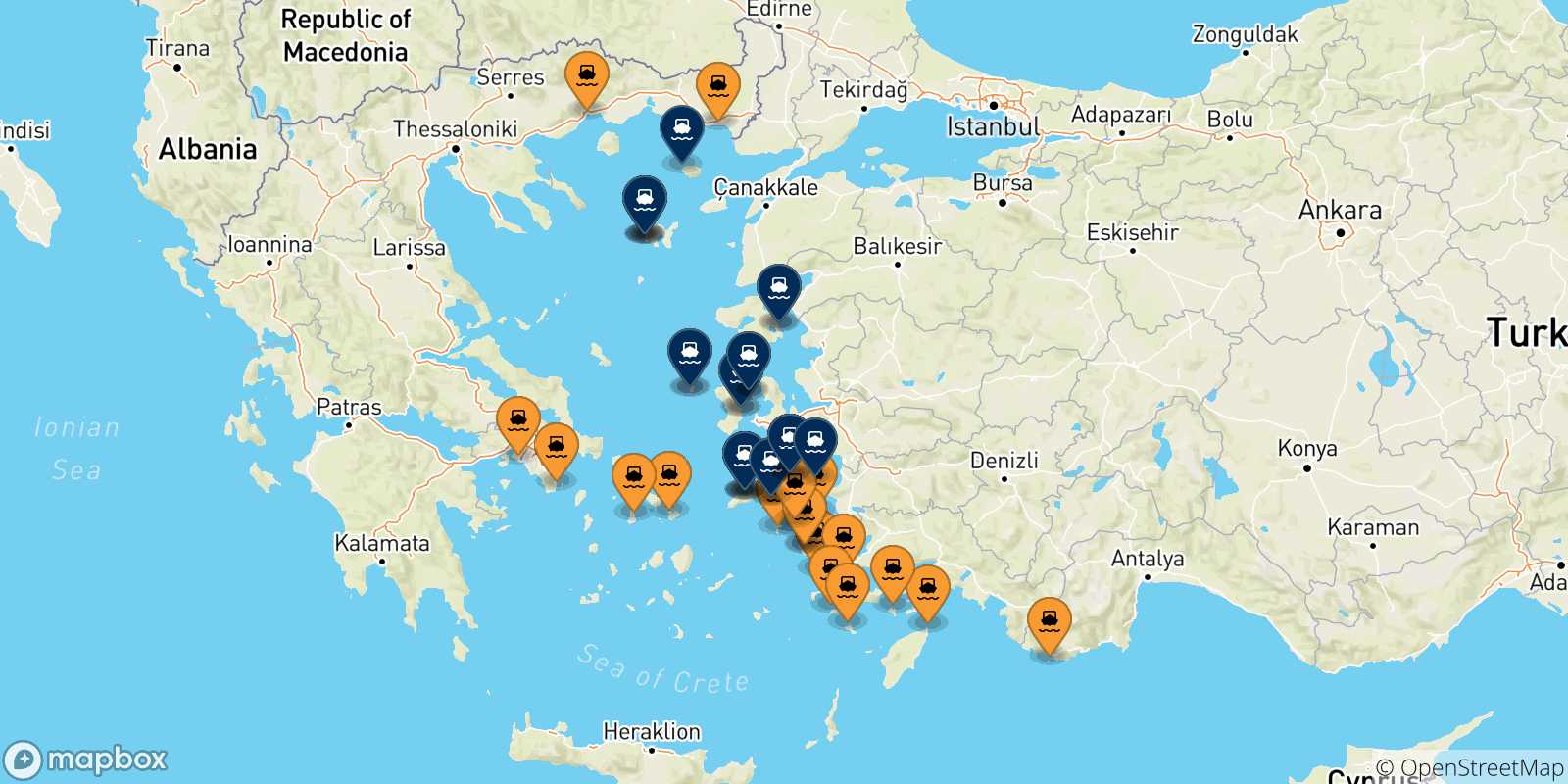 Carte des traversées possibles entre la Grèce et les Îles Égéennes