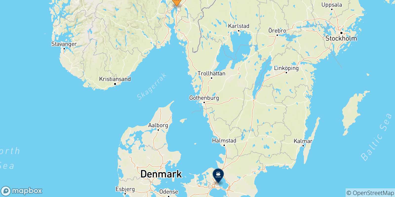 Carte des traversées possibles entre Oslo et le Danemark
