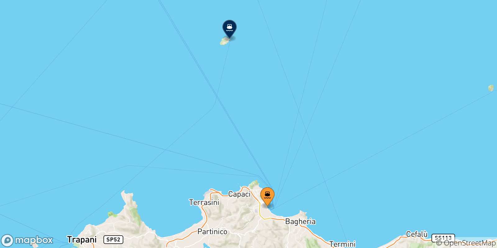 Carte des traversées possibles entre l'Italie et l'Île D'ustica