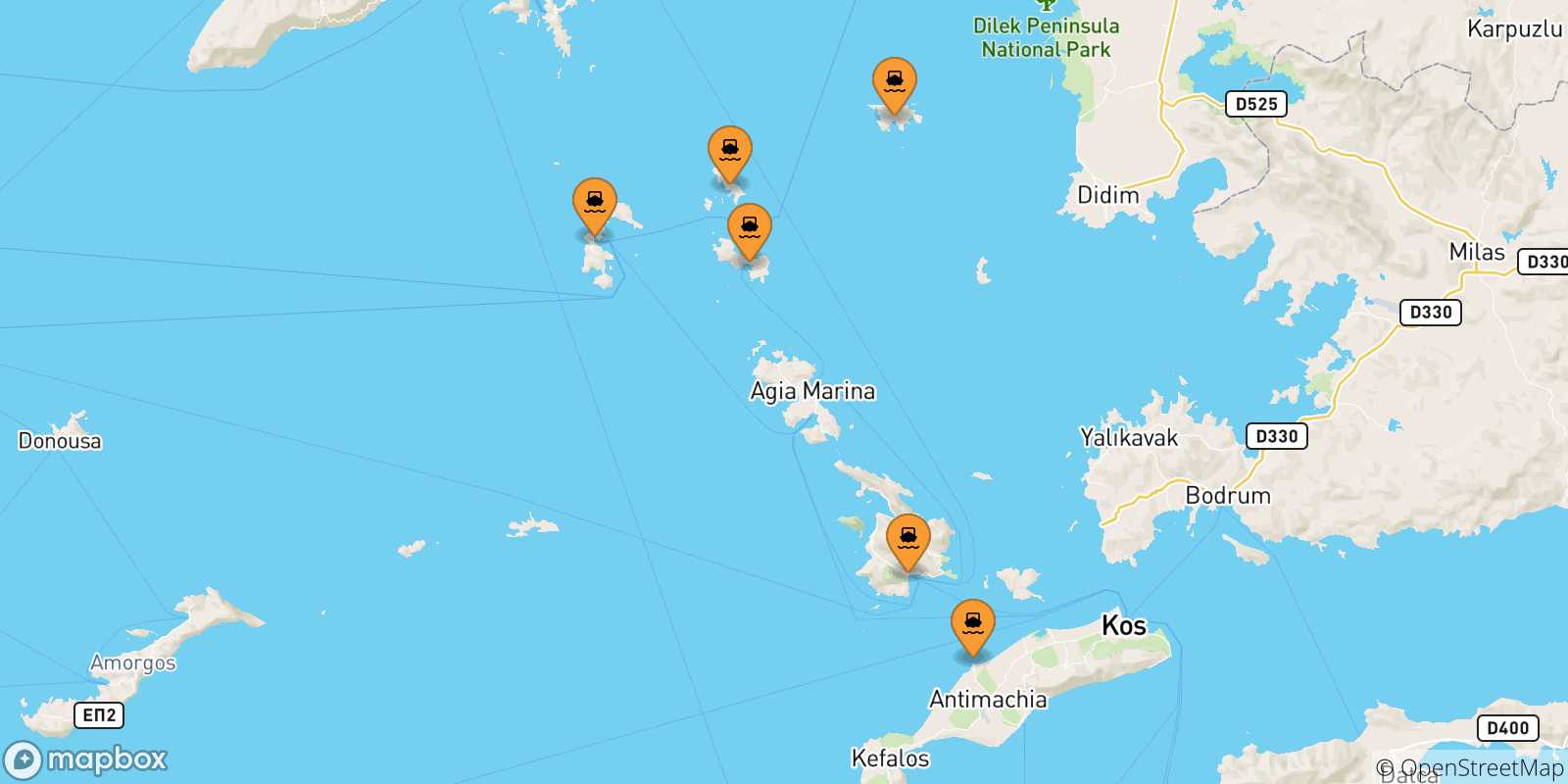 Carte des traversées possibles entre Îles Du Dodécanèse et Agia Marina (Leros)