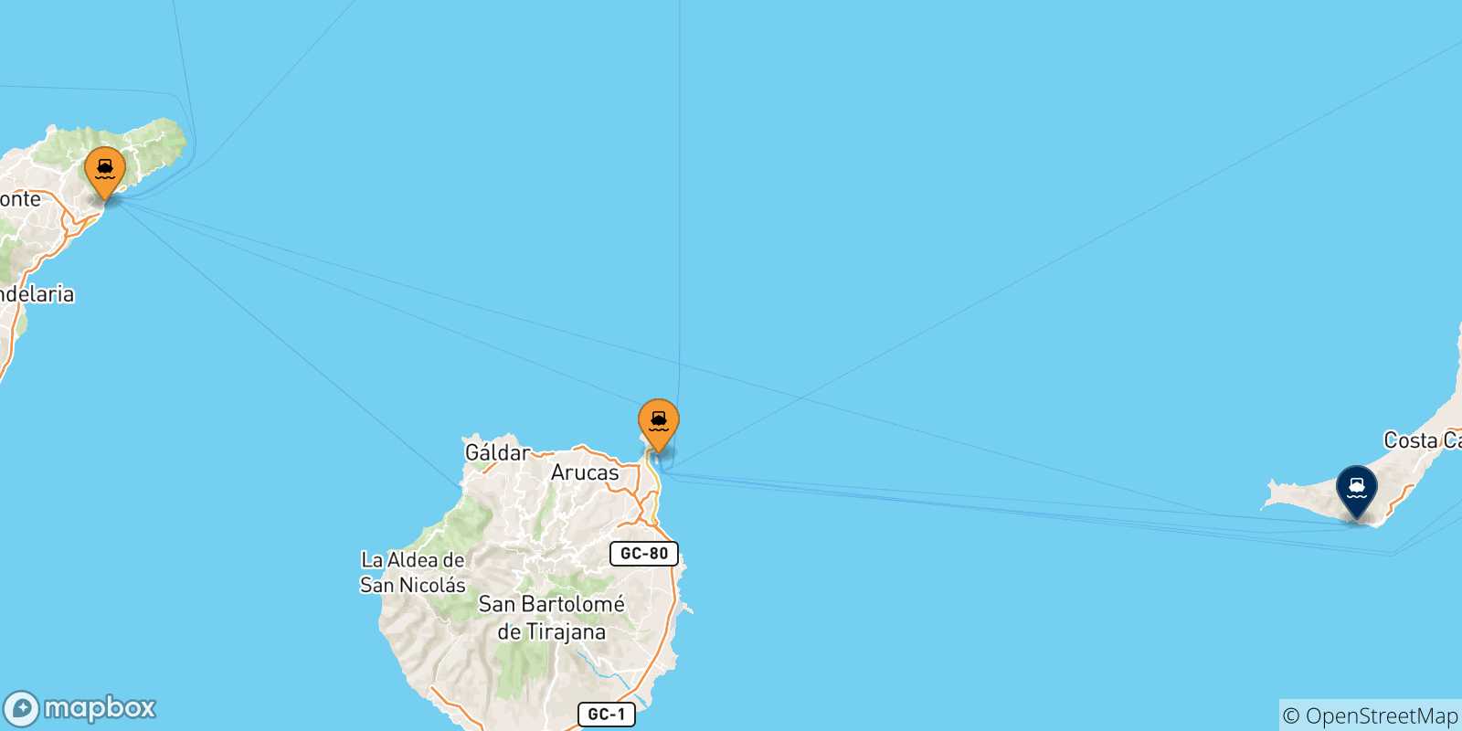 Carte des traversées possibles entre l'Espagne et Morro Jable (Fuerteventura)