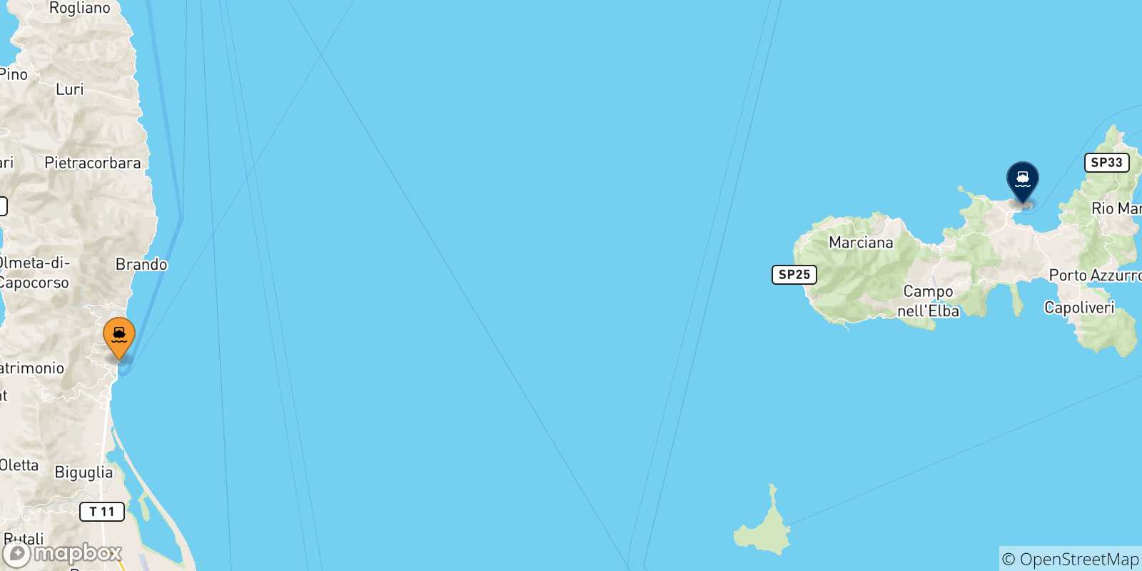 Carte des traversées possibles entre la Corse et l'Île D'elbe