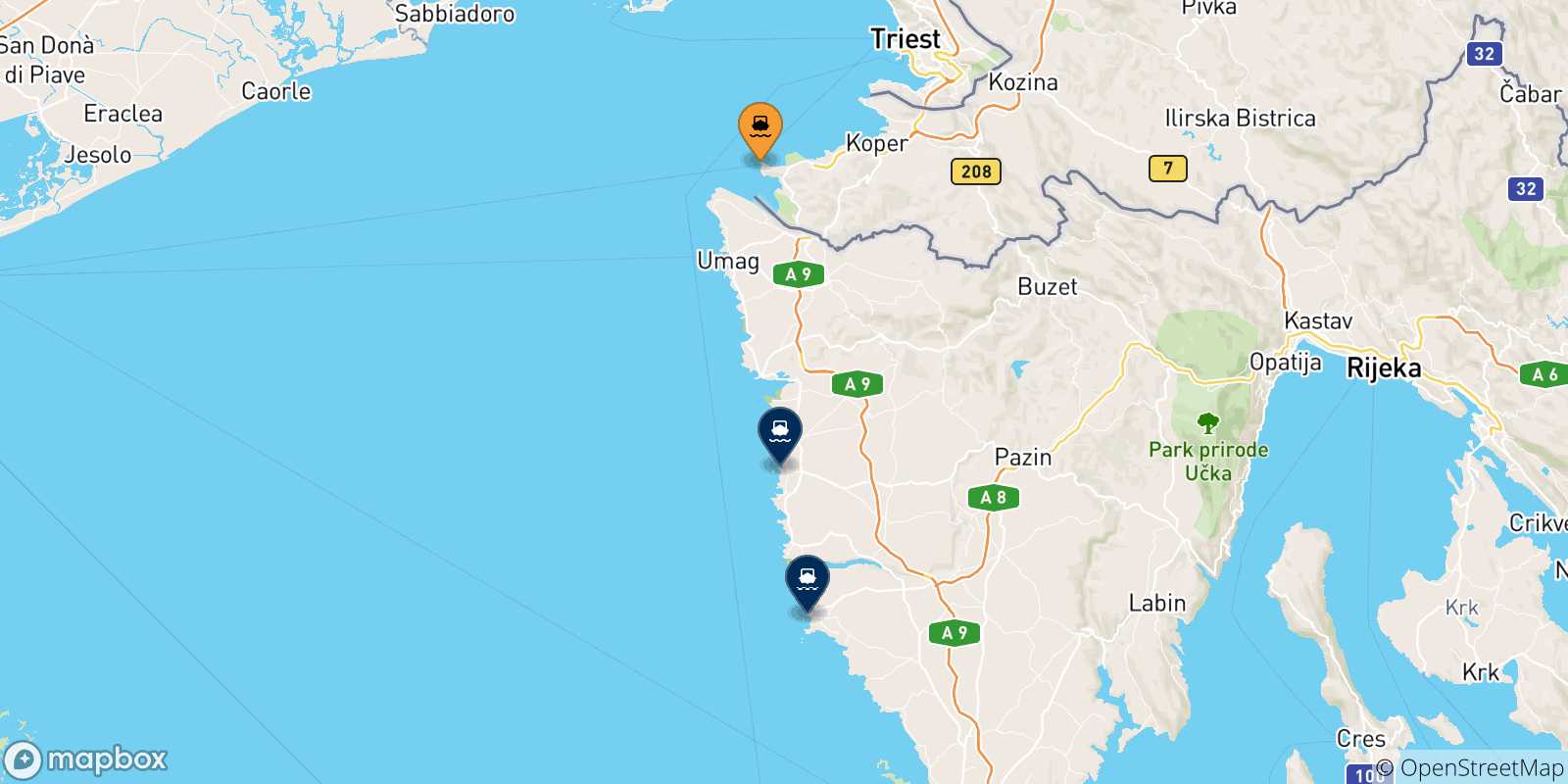 Carte des traversées possibles entre Piran et la Croatie