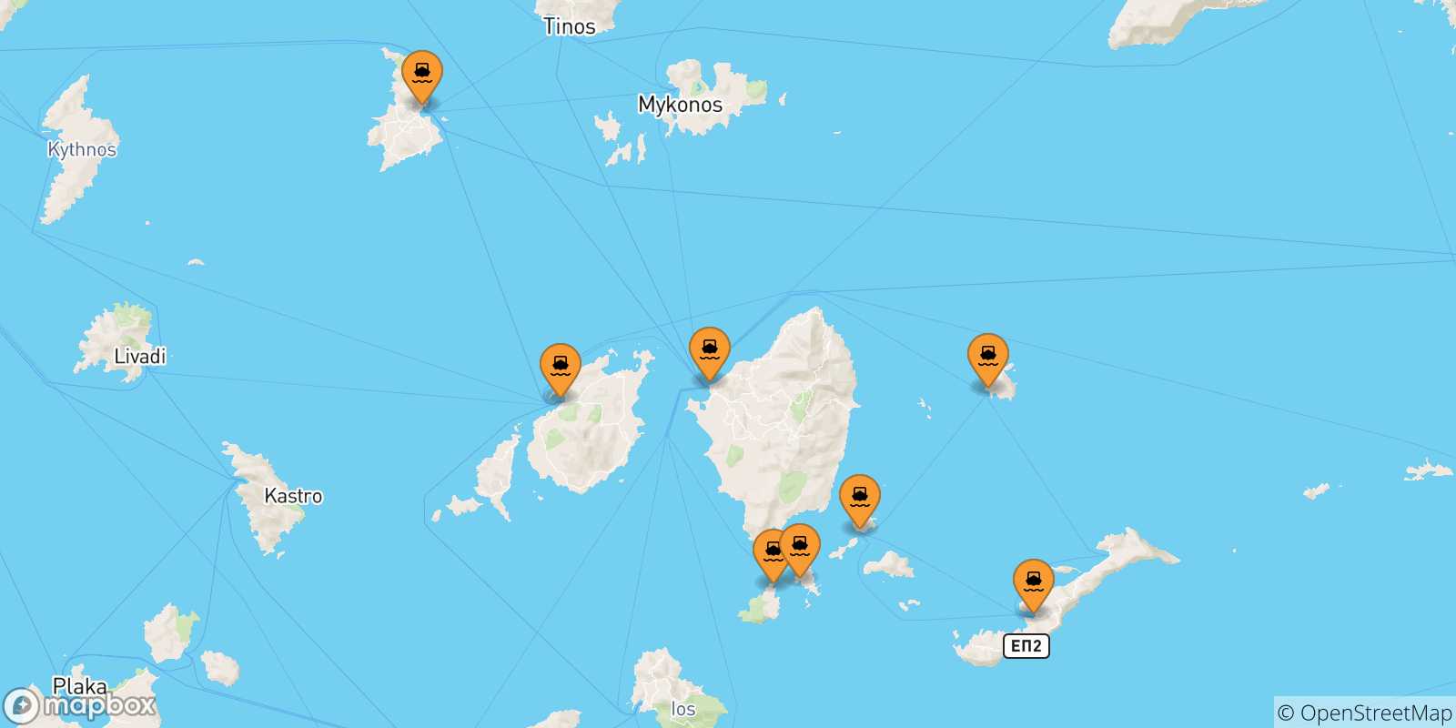 Carte des traversées possibles entre Îles Des Cyclades et Aegiali (Amorgos)