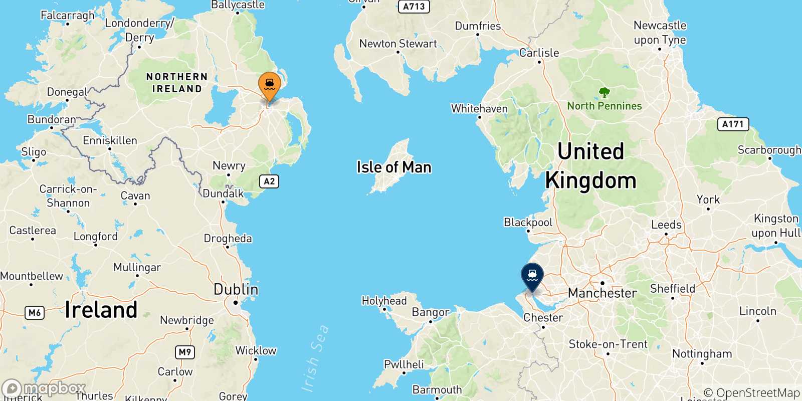 Carte des traversées possibles entre le Royaume-uni et Liverpool Birkenhead