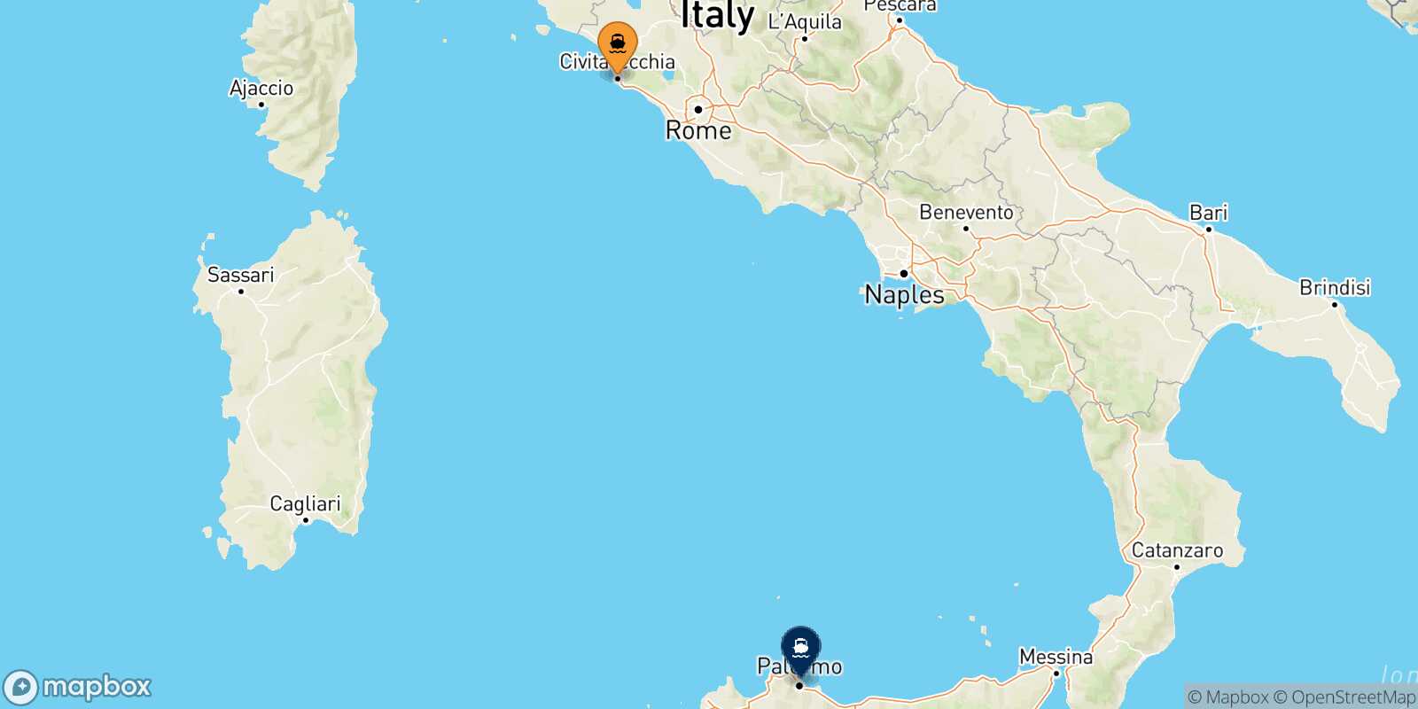 Carte des traverséesCivitavecchia Palerme