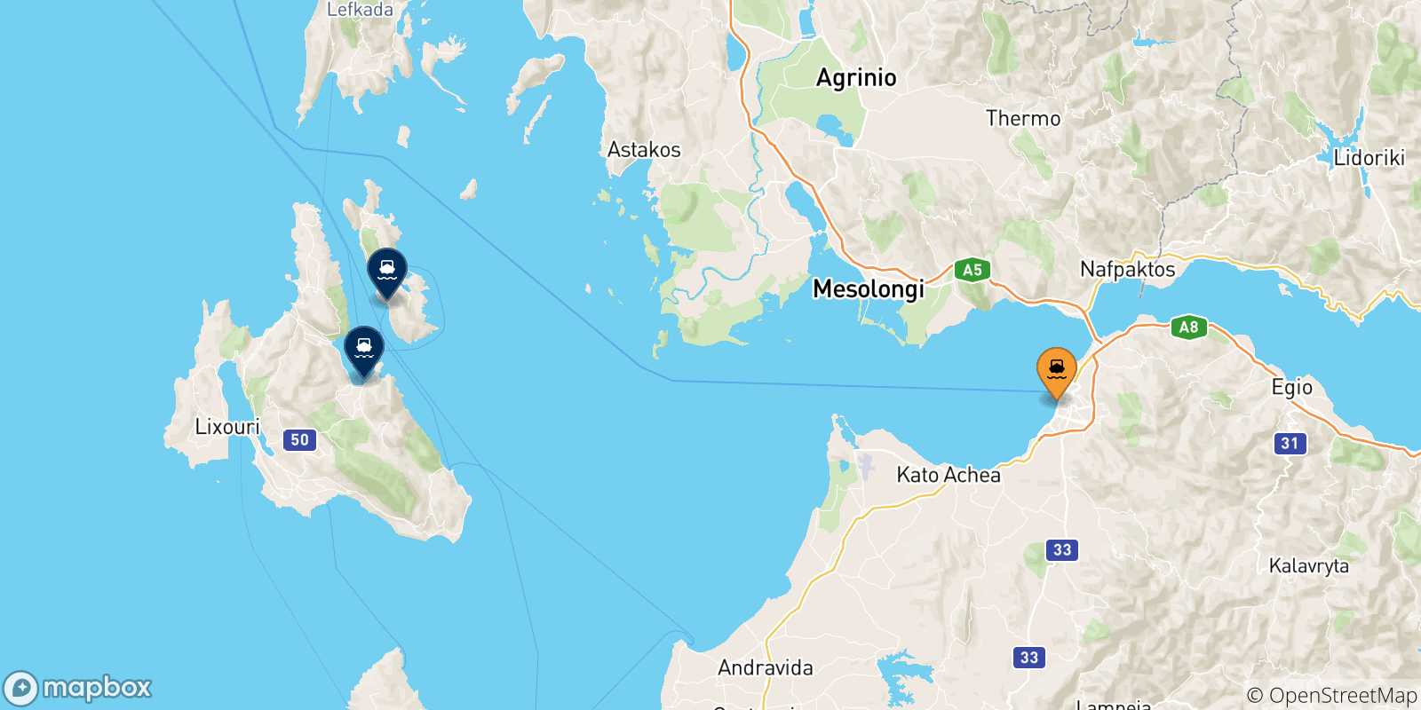 Carte des traversées possibles entre Patras et la Grèce