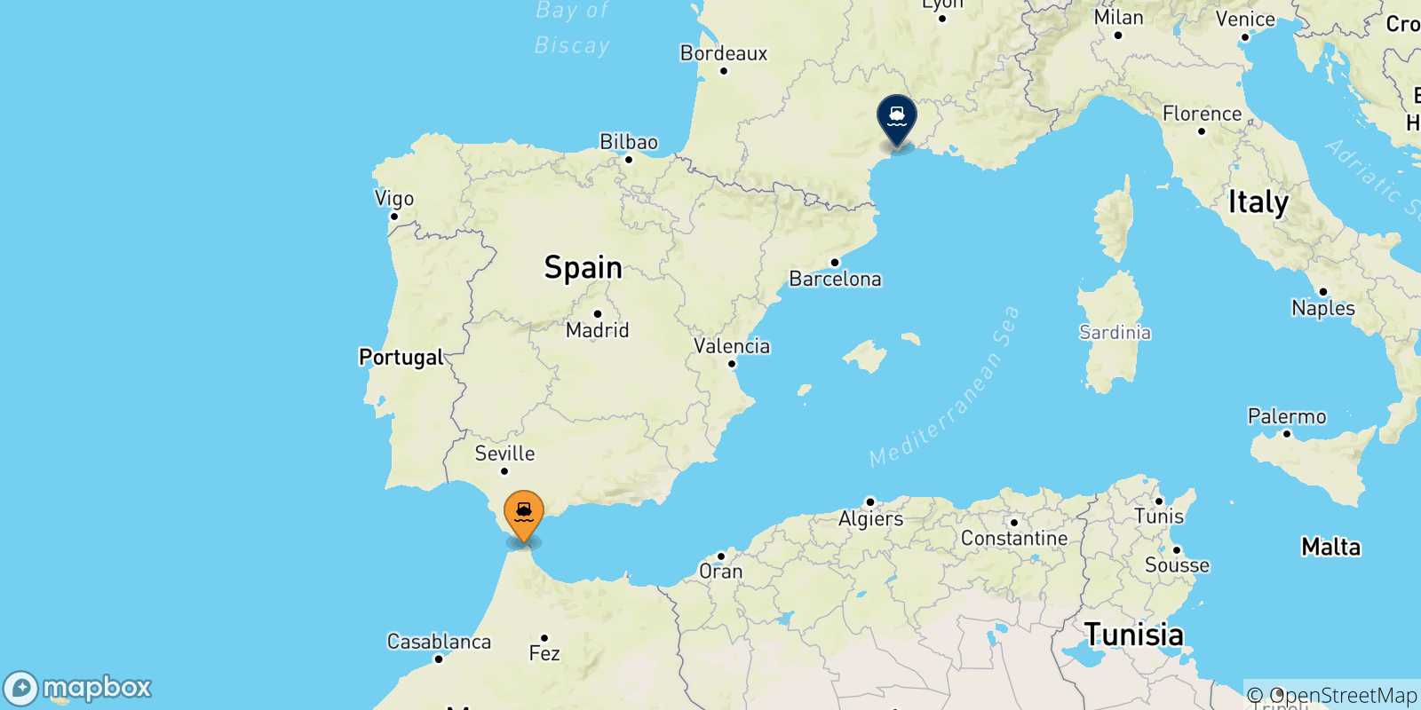 Carte des traversées possibles entre Tanger Med et la France