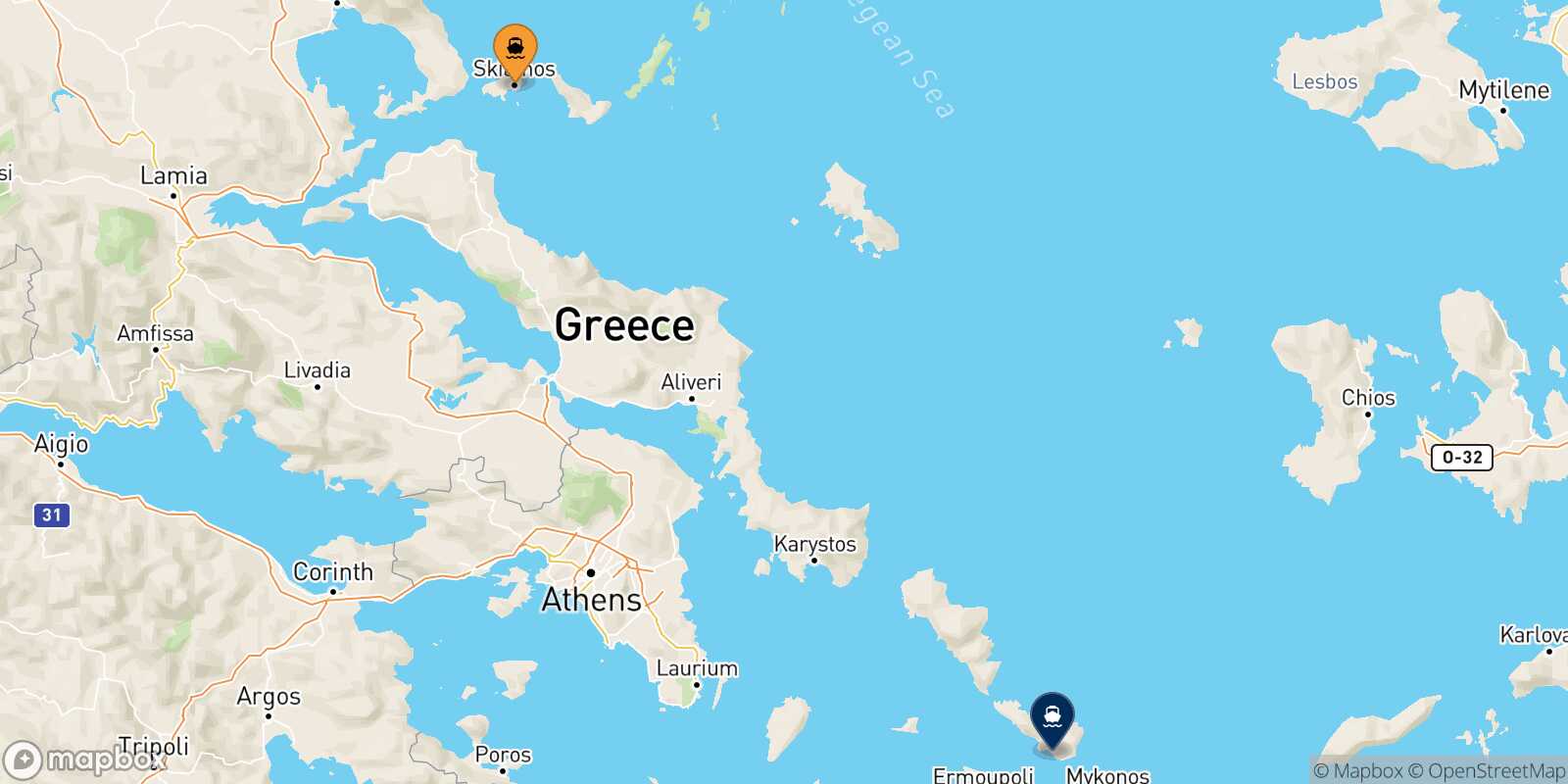 Carte des traverséesSkiathos Tinos