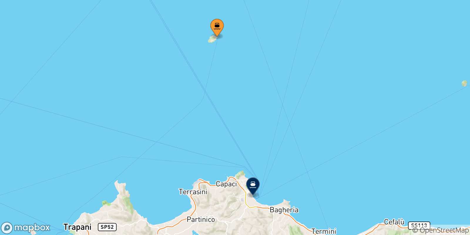 Carte des traversées possibles entre l'Île D'ustica et la Sicile
