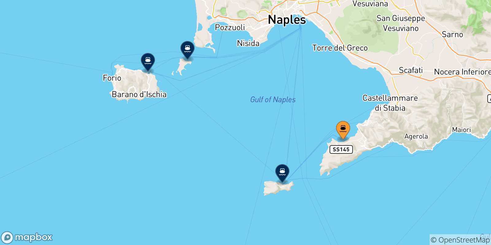 Carte des traversées possibles entre Sorrente et le Golf De Naples