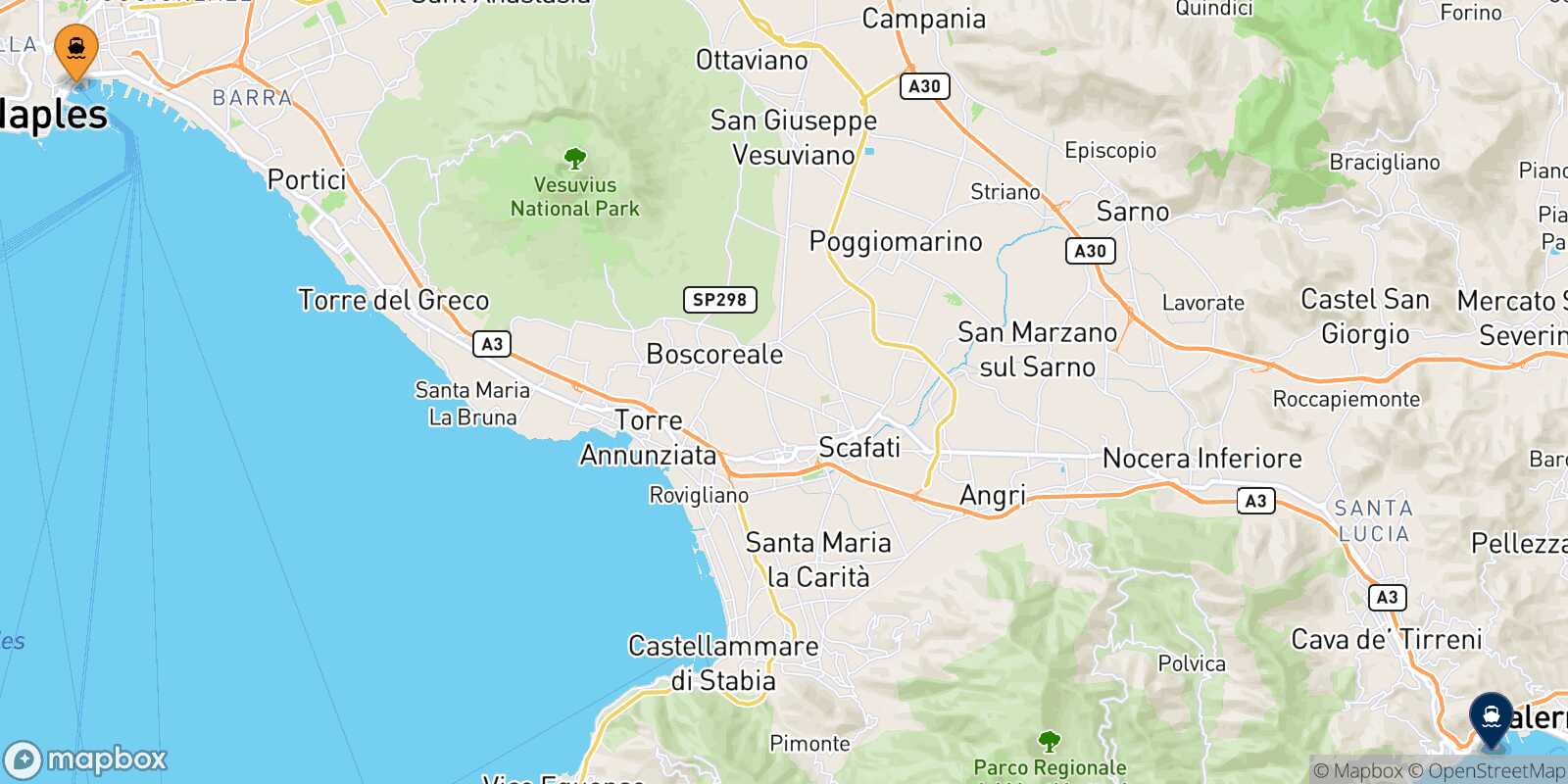Carte des traverséesNaples Beverello Salerne