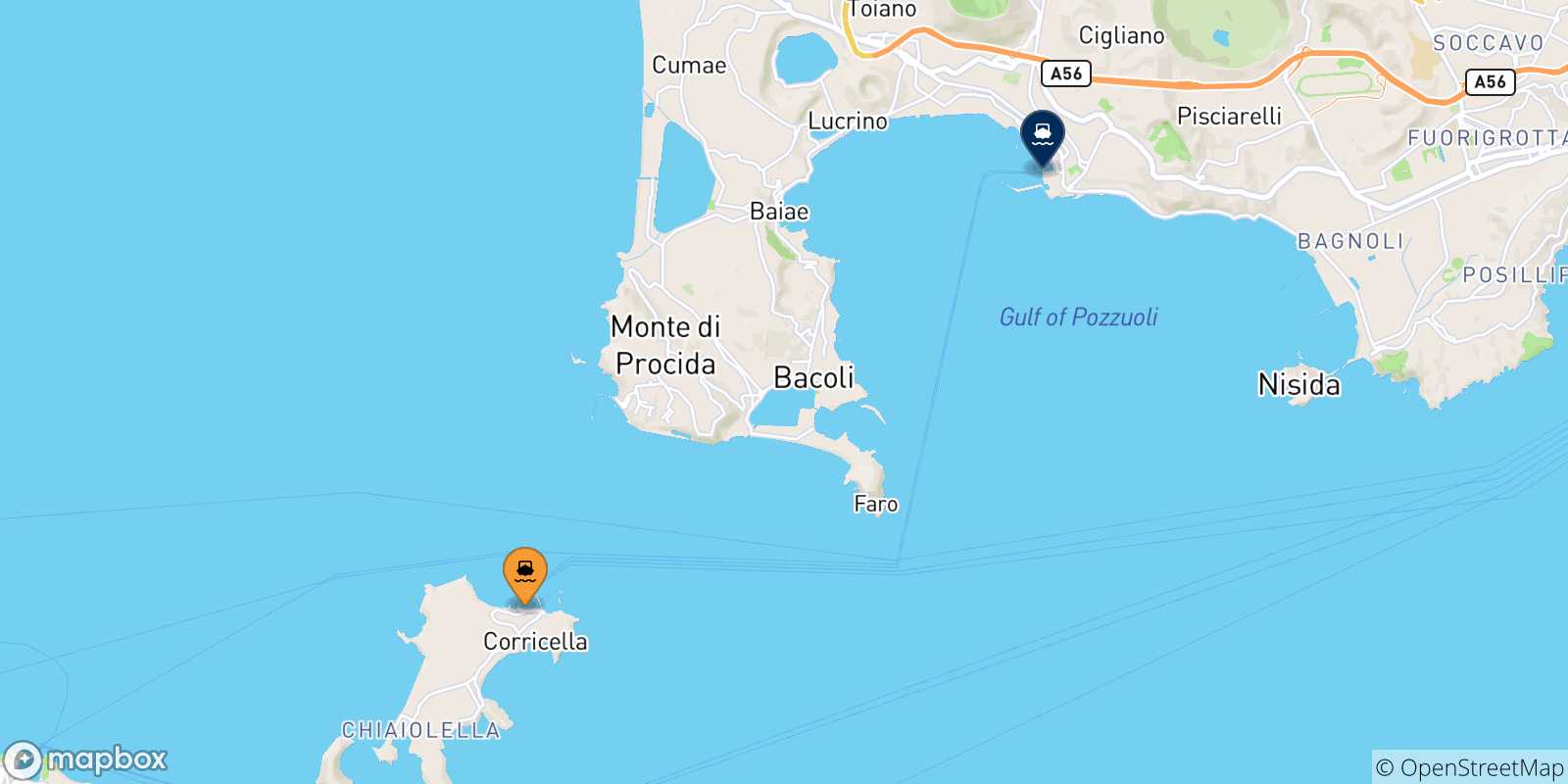Carte des traversées possibles entre Procida et le Golf De Naples