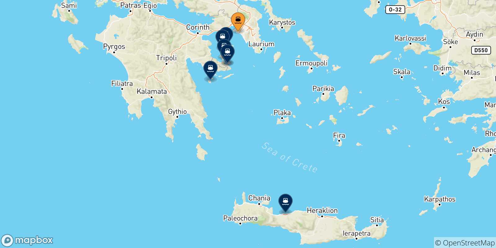 Carte des traversées possibles entre Le Piree et les Îles Saroniques