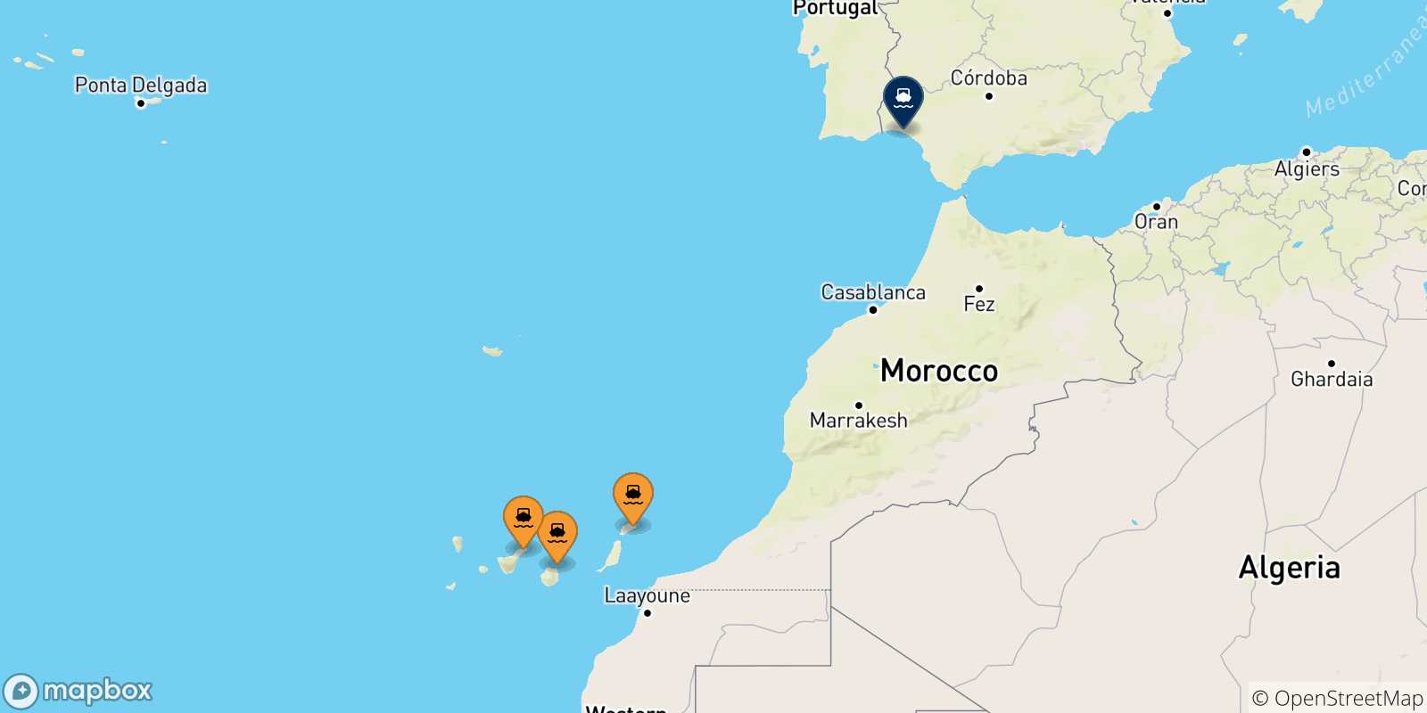 Carte des traversées possibles entre les Îles Canaries et Huelva
