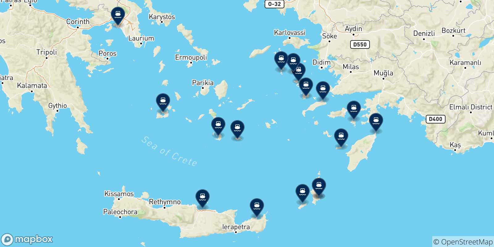 Carte des traversées possibles entre Karpathos et la Grèce