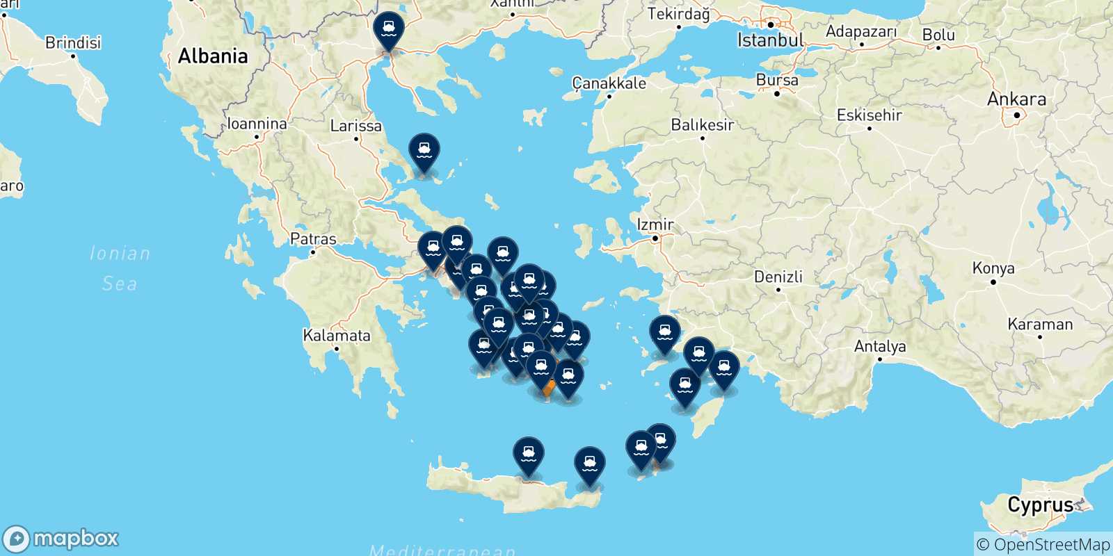 Carte des traversées possibles entre Thera (Santorin) et la Grèce