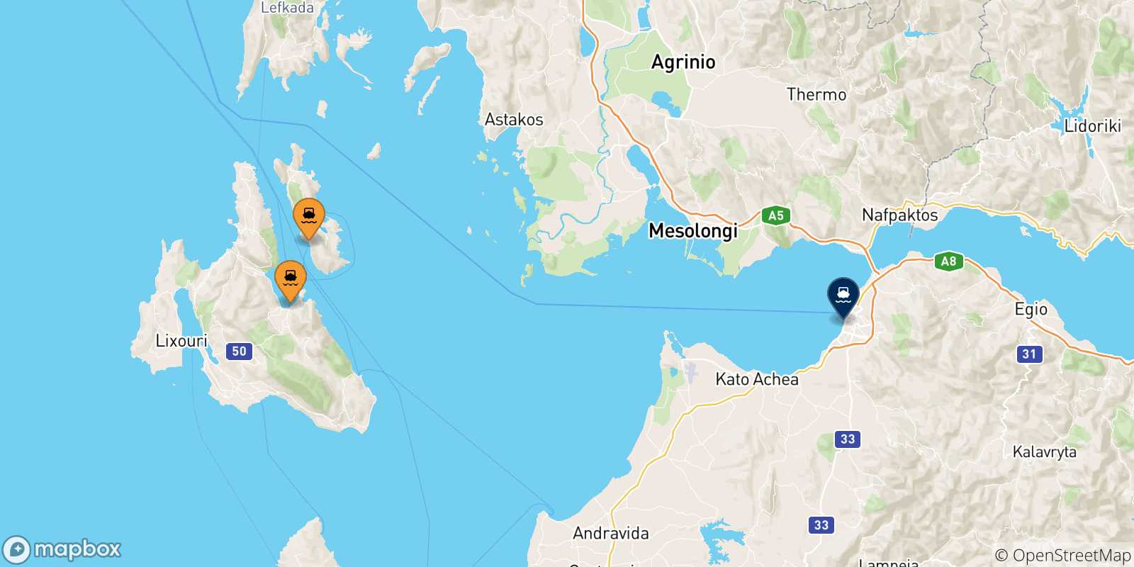 Carte des traversées possibles entre Îles Ioniennes et Patras