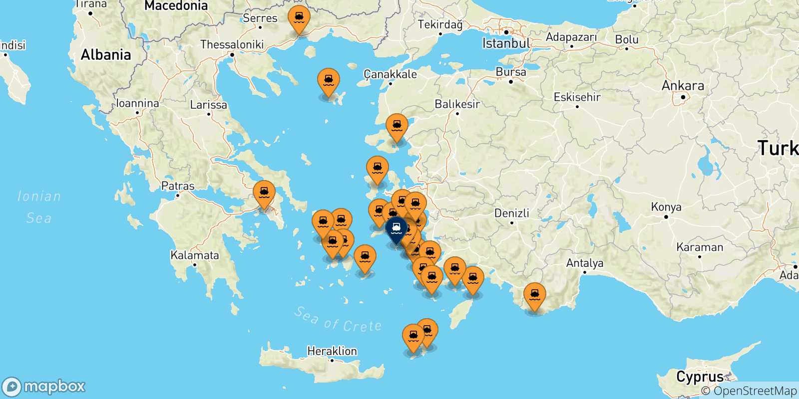 Carte des traversées possibles entre la Grèce et Patmos