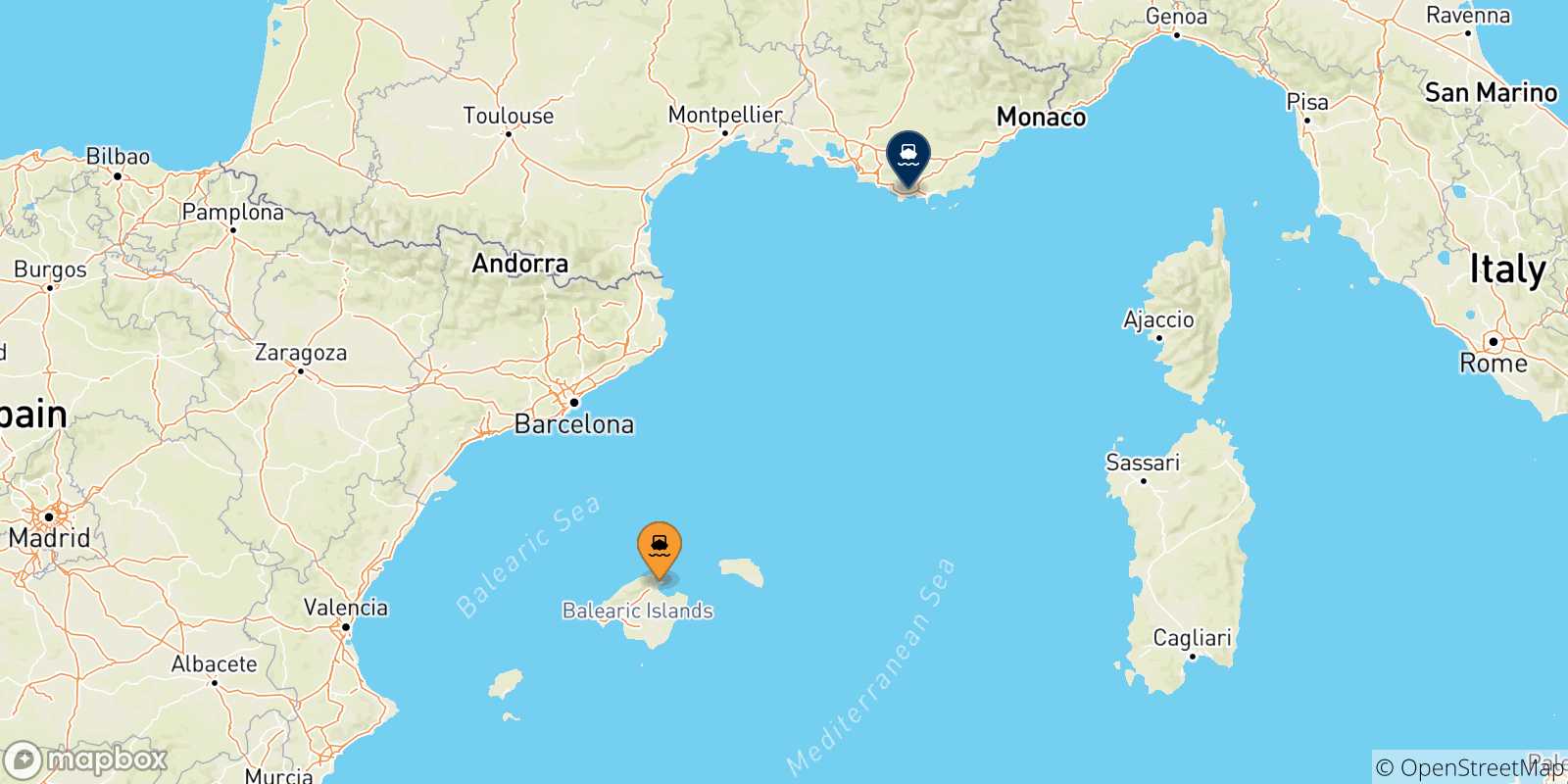 Carte des traversées possibles entre les Îles Baléares et la France