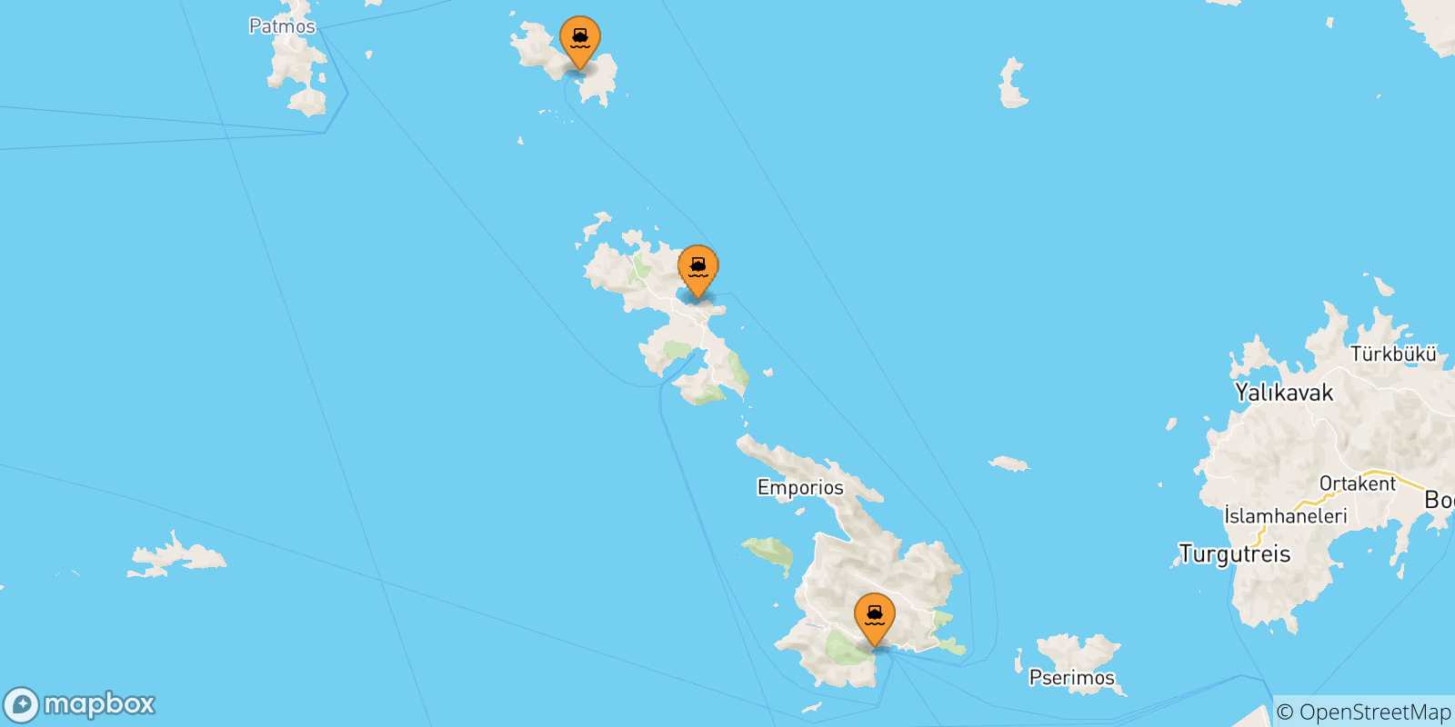 Carte des traversées possibles entre Îles Du Dodécanèse et Mastihari (Kos)