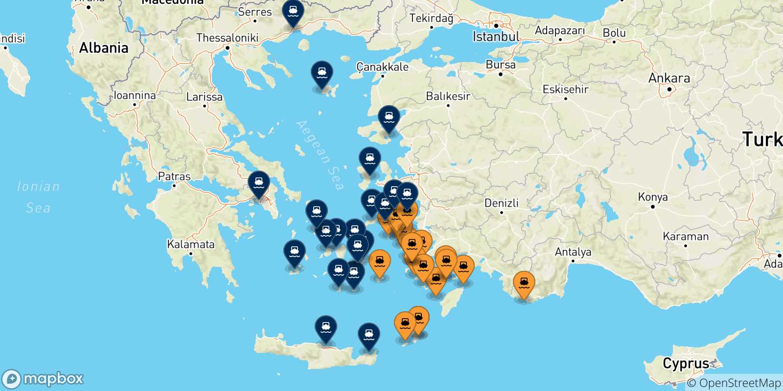 Carte des traversées possibles entre Îles Du Dodécanèse et la Grèce