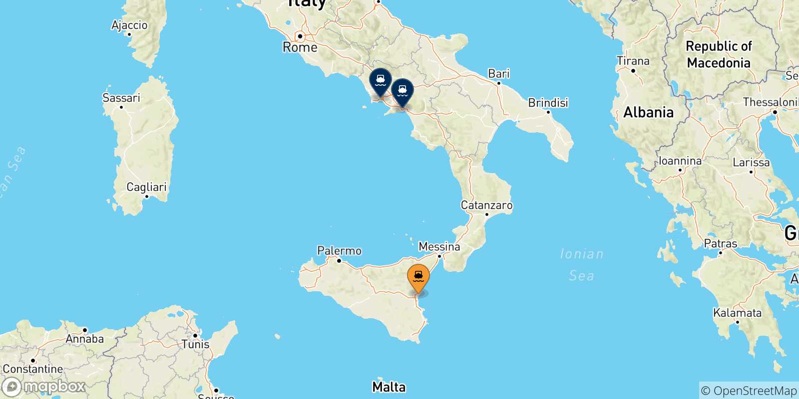 Carte des traversées possibles entre Catane et l'Italie