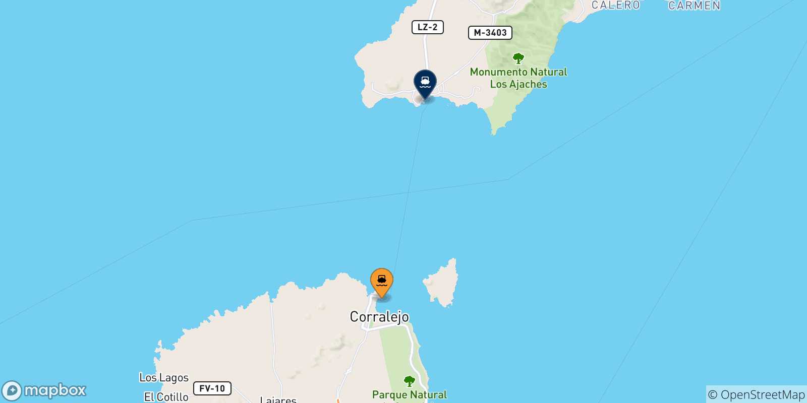Carte des traversées possibles entre Corralejo (Fuerteventura) et les Îles Canaries