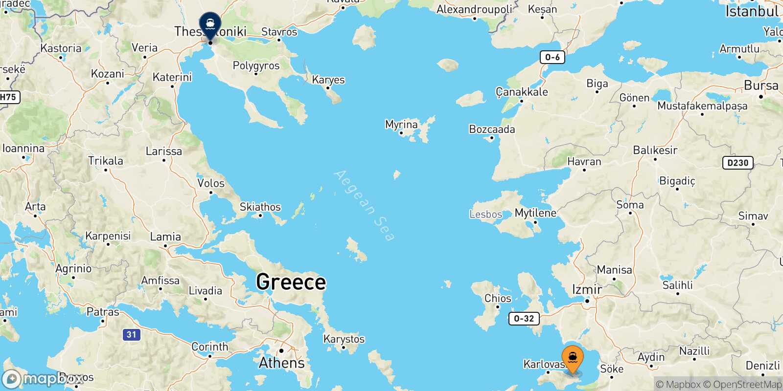 Carte des traverséesVathi (Samos) Thessalonique