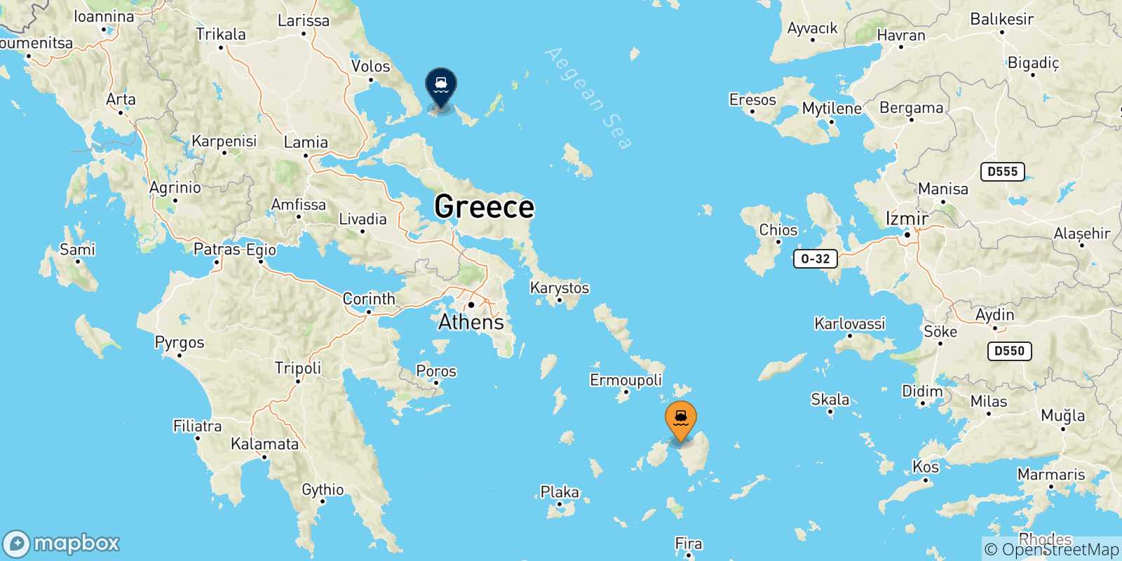 Carte des traversées possibles entre Naxos et les Îles Sporades