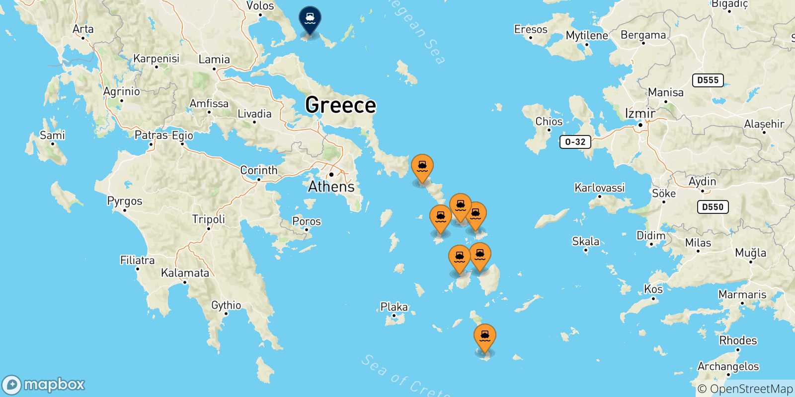 Carte des traversées possibles entre Îles Des Cyclades et les Îles Sporades