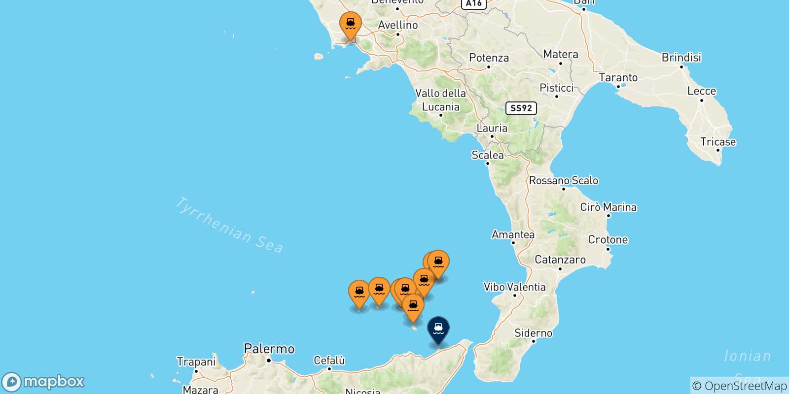 Carte des traversées possibles entre l'Italie et Milazzo