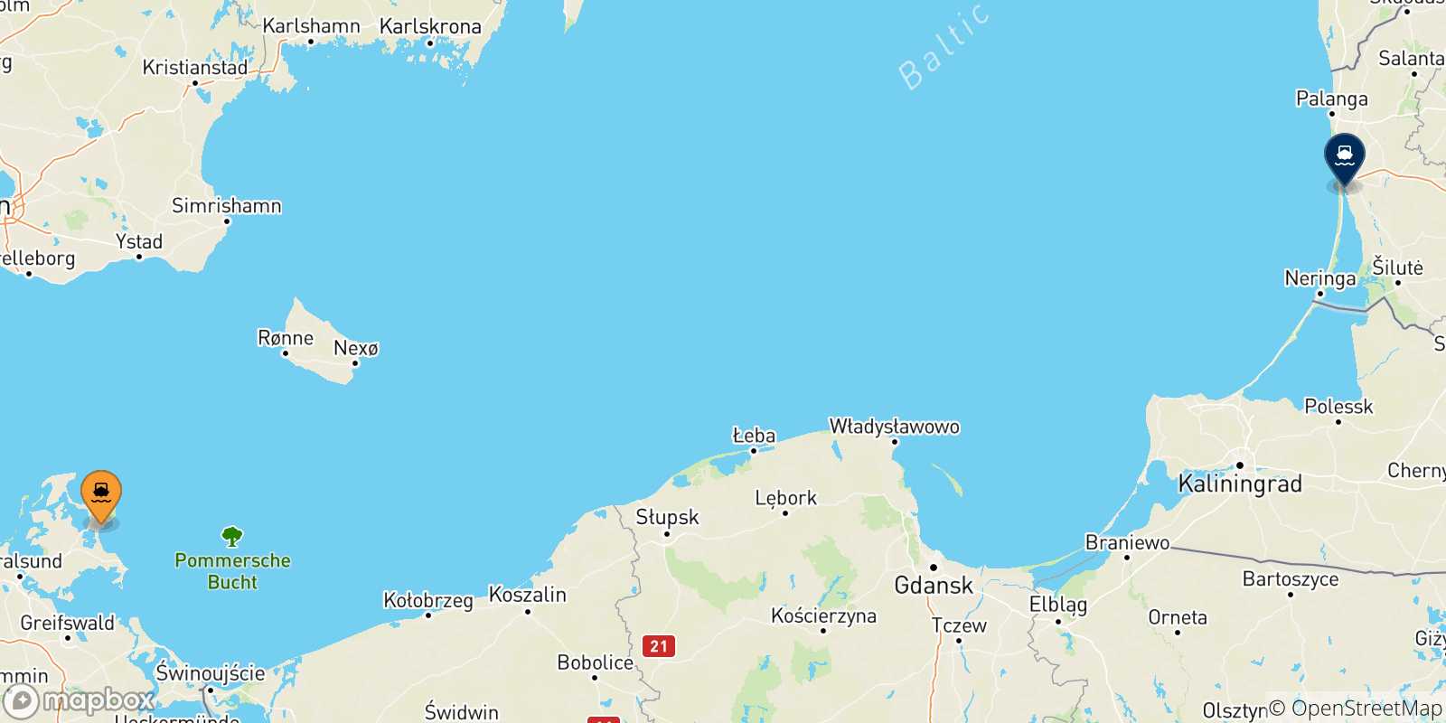 Carte des traversées possibles entre Sassnitz et la Lituanie