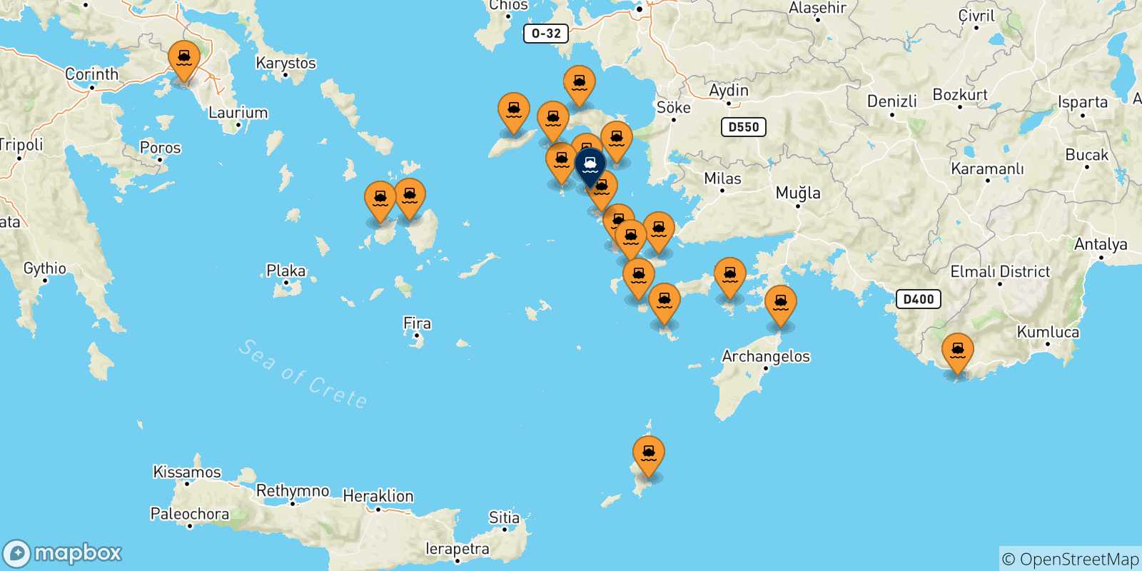 Carte des traversées possibles entre la Grèce et Lipsi