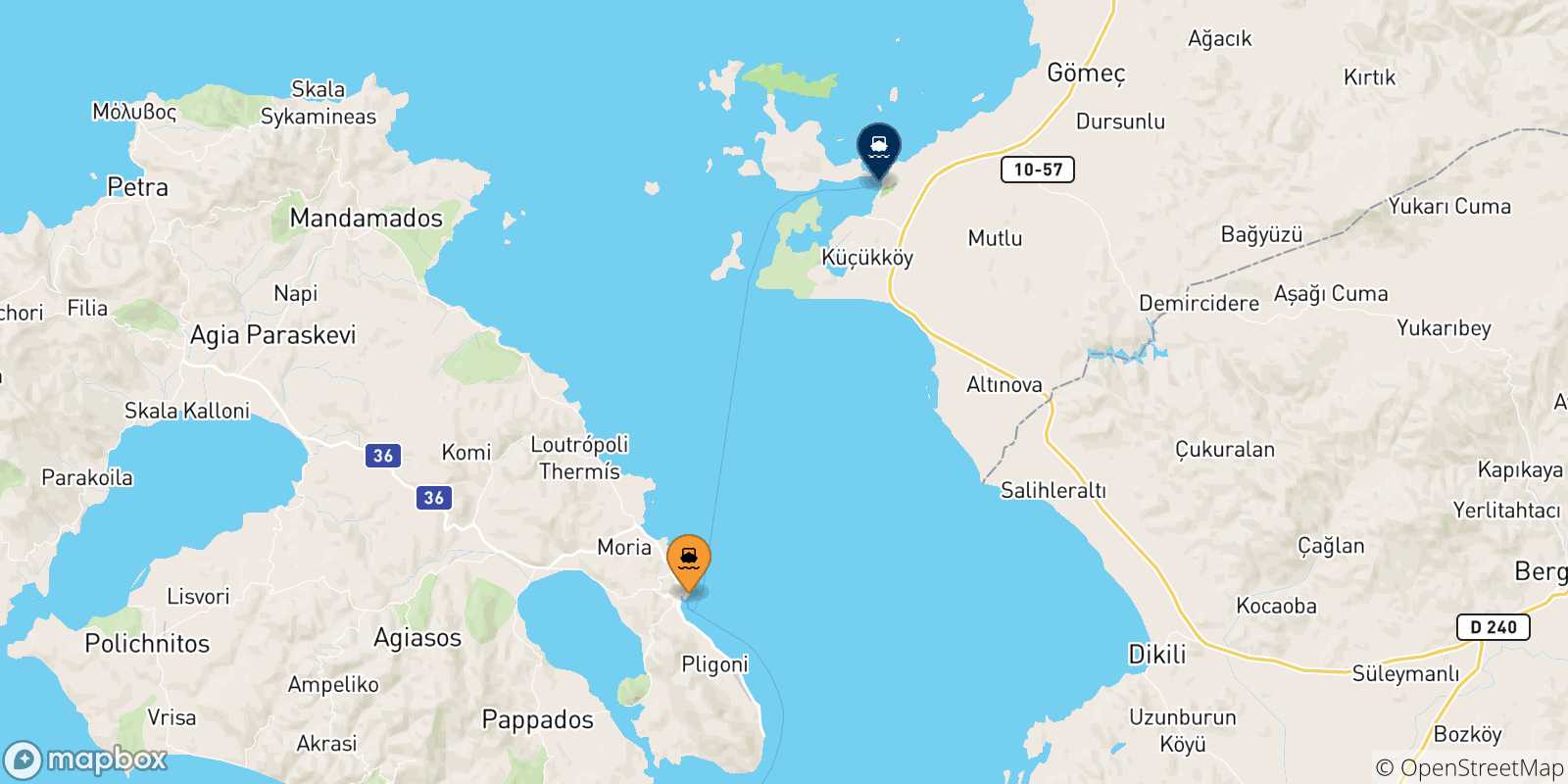 Carte des traversées possibles entre la Grèce et Ayvalik