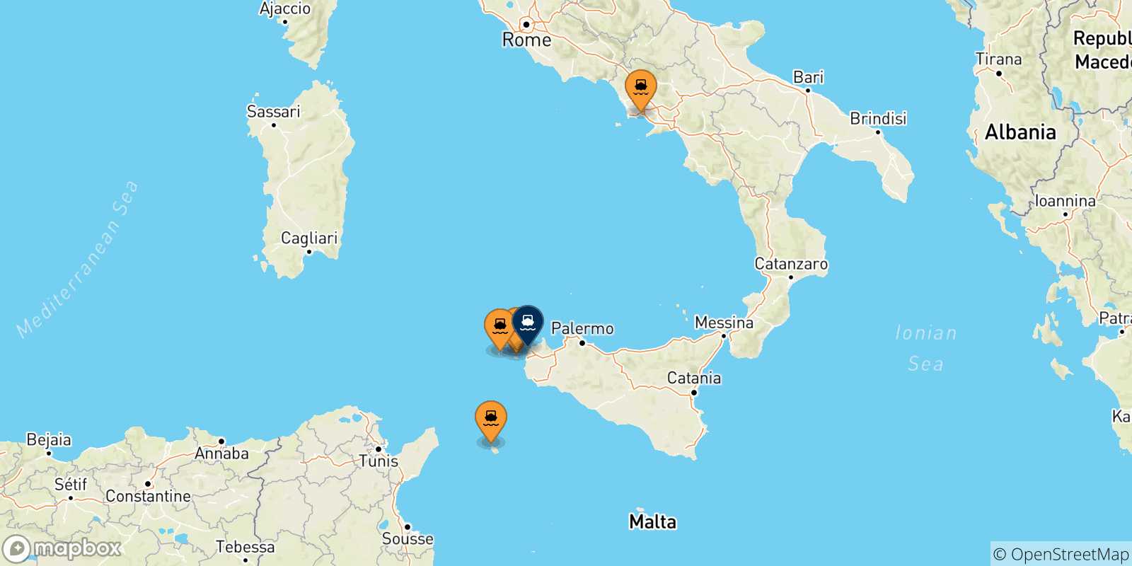 Carte des traversées possibles entre l'Italie et Trapani