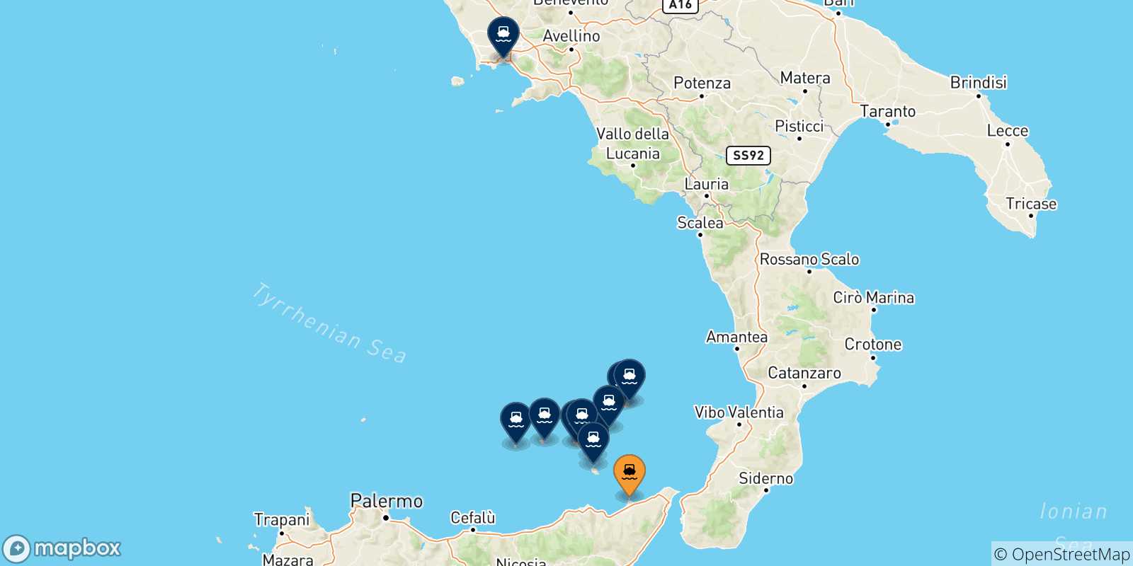 Carte des traversées possibles entre Milazzo et l'Italie
