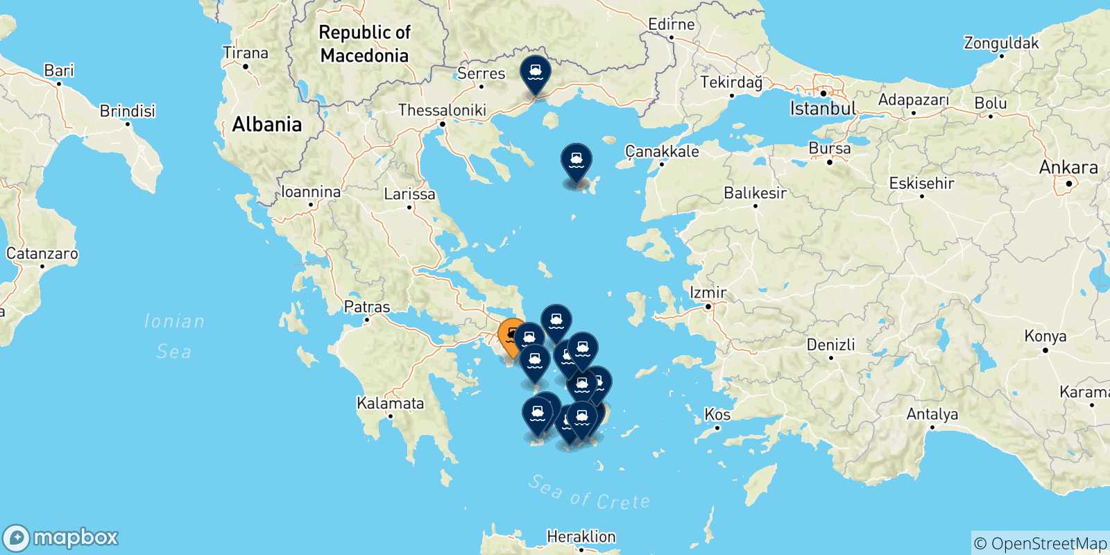 Carte des traversées possibles entre Lavrio et la Grèce