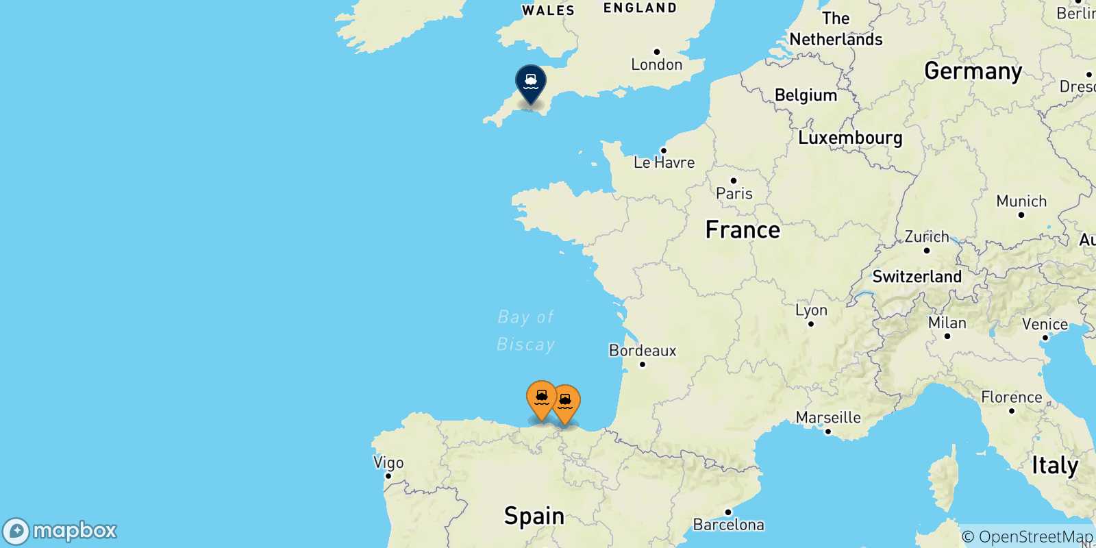 Carte des traversées possibles entre l'Espagne et Plymouth