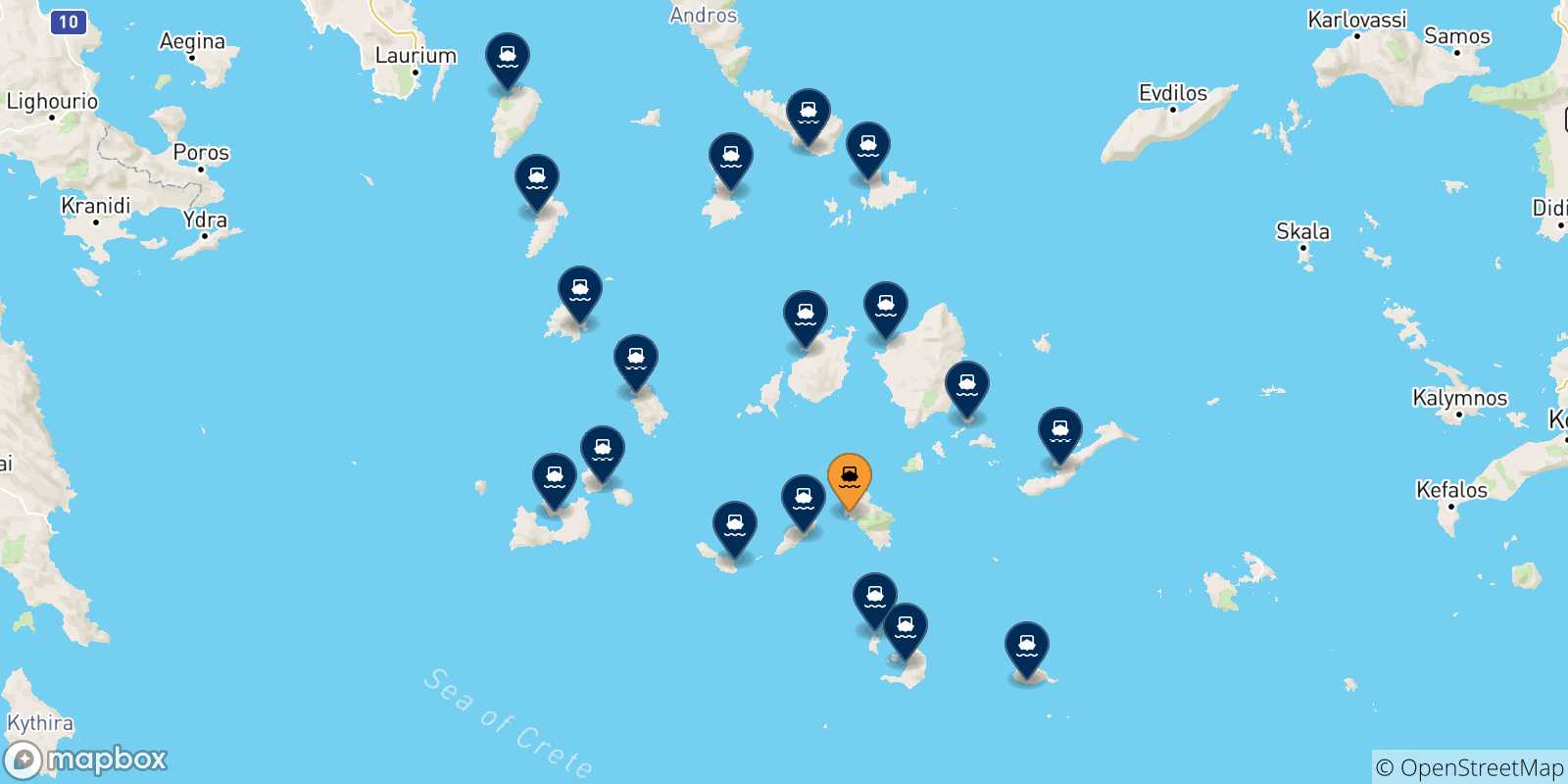 Carte des traversées possibles entre Ios et Îles Des Cyclades