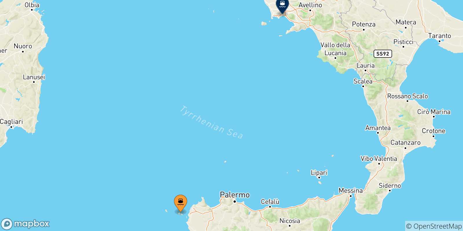 Carte des traversées possibles entre les Îles Égades et Naples Beverello