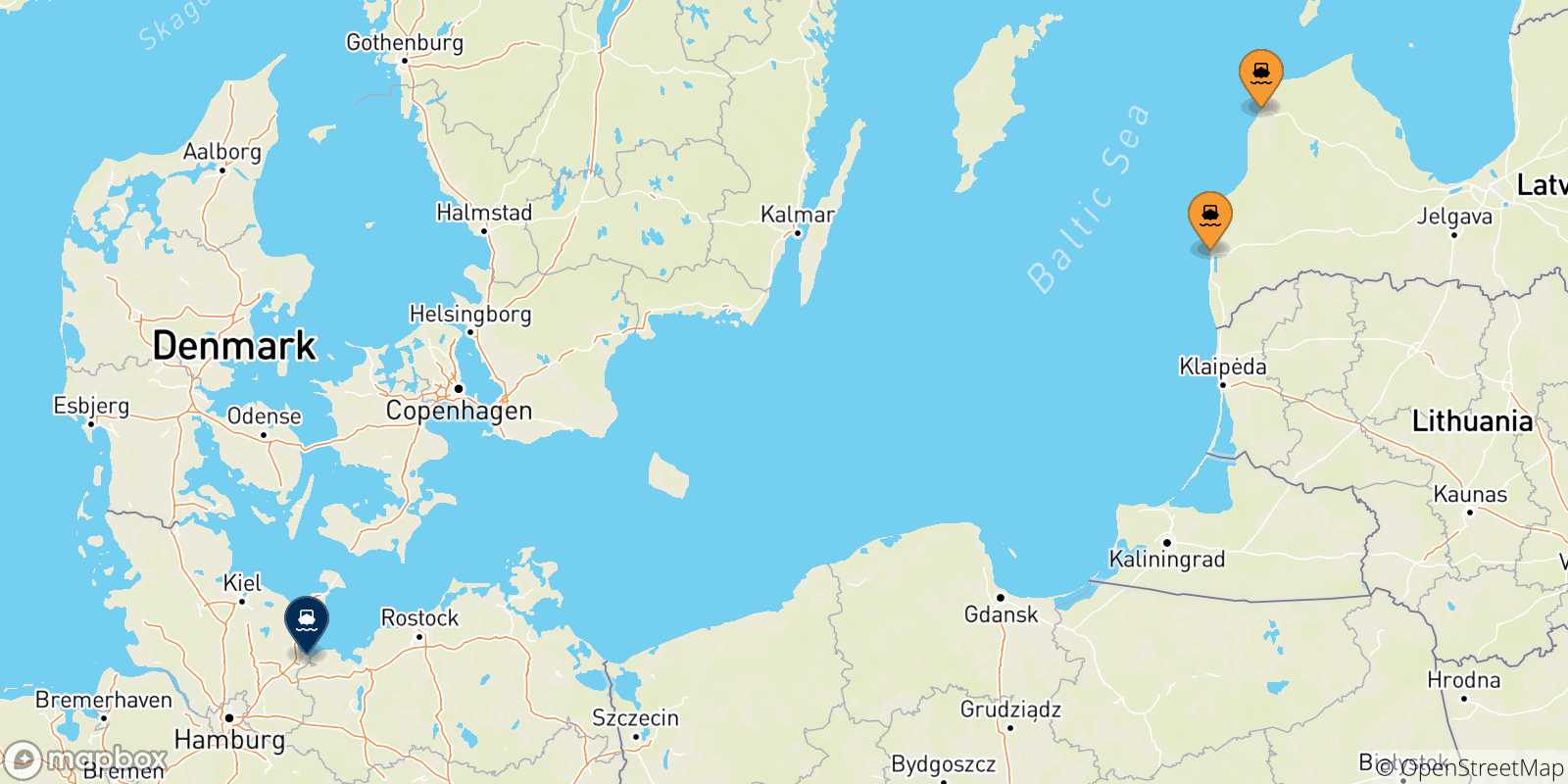 Carte des traversées possibles entre Lettonie et l'Allemagne