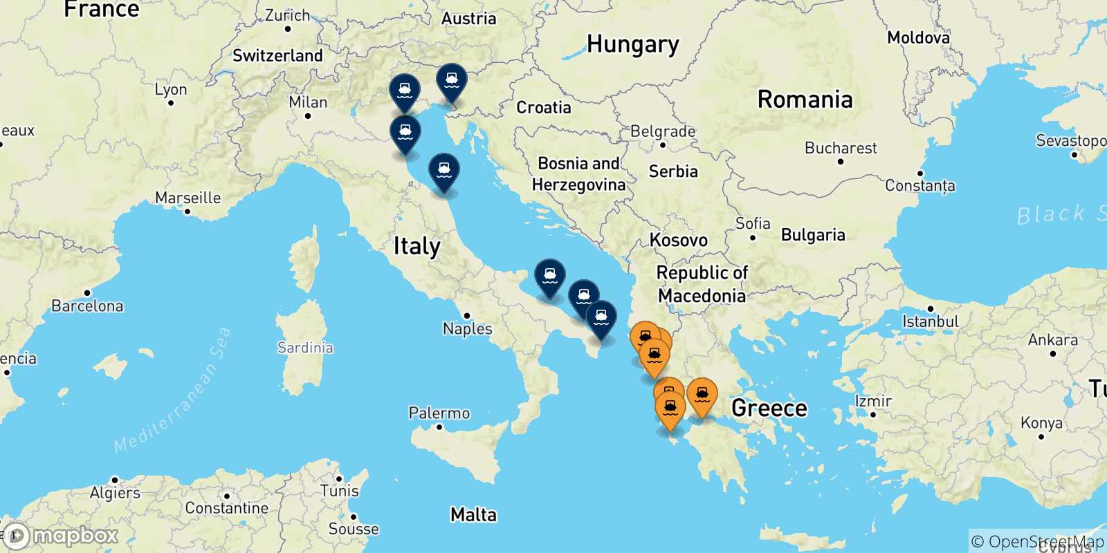 Carte des traversées possibles entre la Grèce et l'Italie