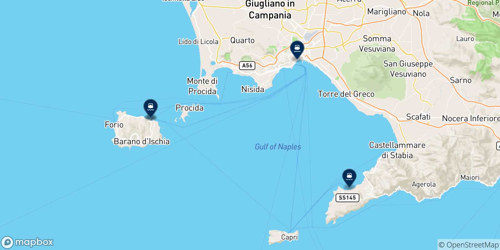 Carte des traversées possibles entre Ischia et l'Italie