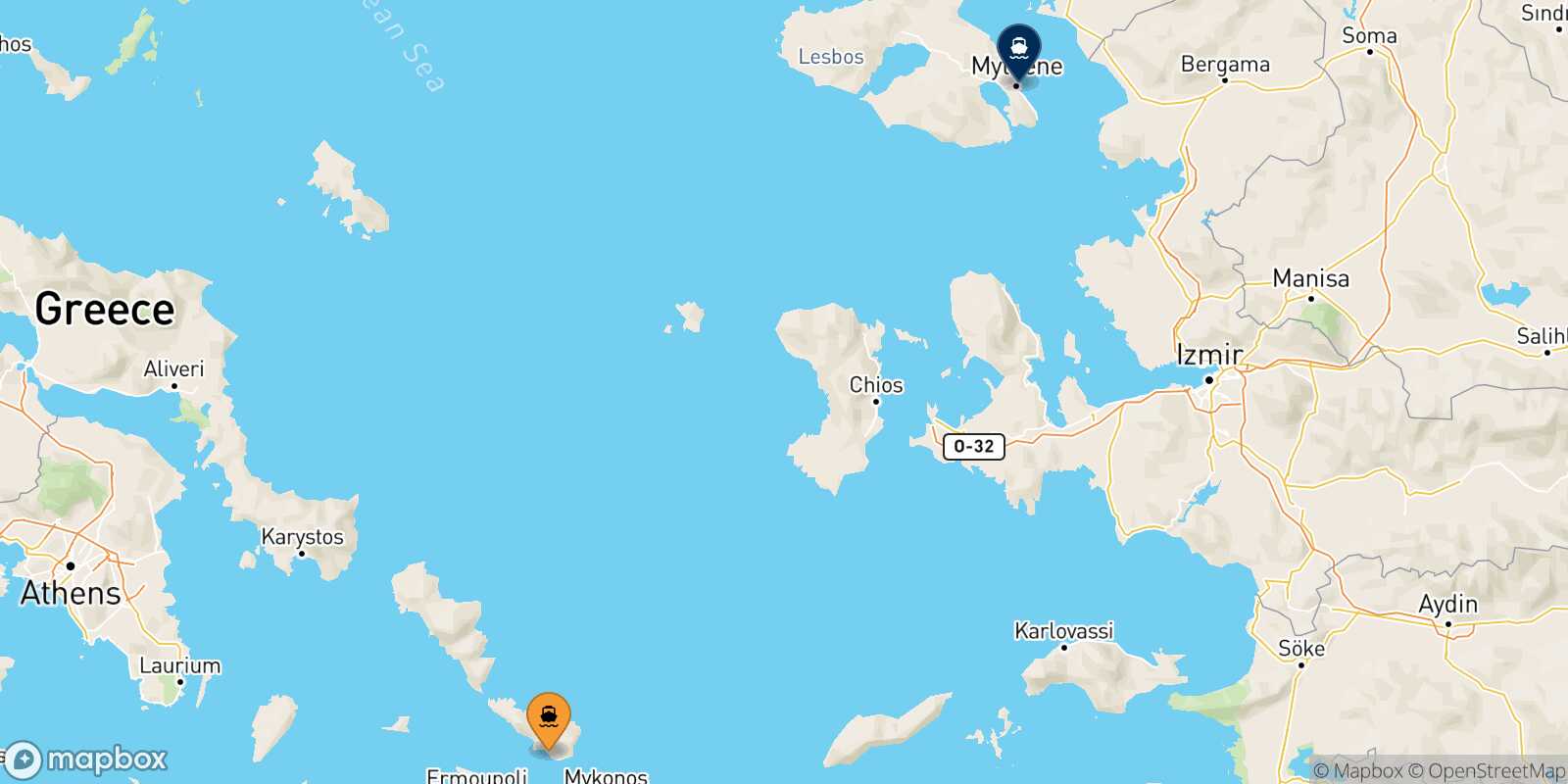 Carte des traverséesTinos Mytilene (Lesvos)